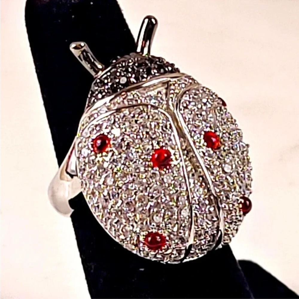 Ladybug Large Statement Rhodium Plated Cubic Zirconia Stone Cocktail Ring